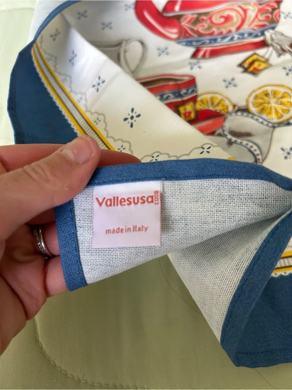 Vallesusa Tea Time Towel Tapestry Red + Blue Teapot + Cup with Saucer and Lemon
